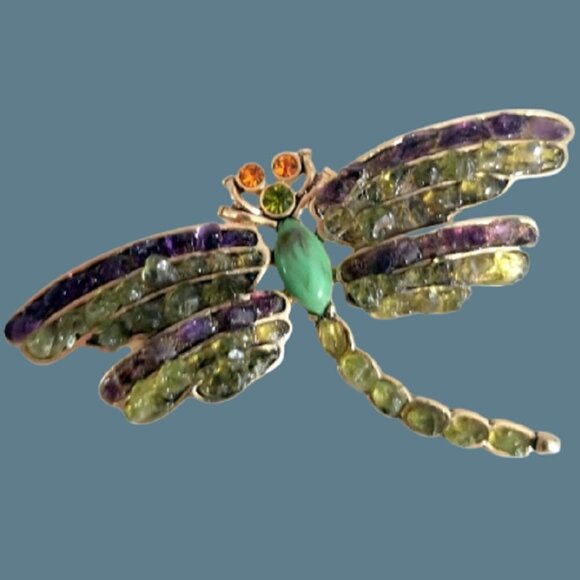 Vintage Liz Claiborne Peridot Green Amber Semi Precious Stone Dragonfly Brooch - Picture 1 of 9